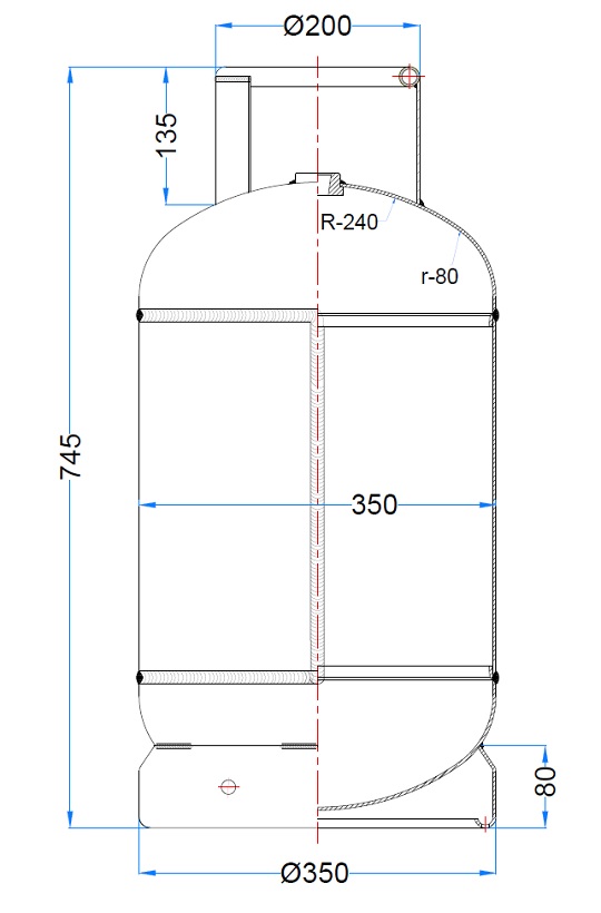 Design of 20 Kg LPG Domestic Cylinder 48L-Type1 with Dimensions Displayed